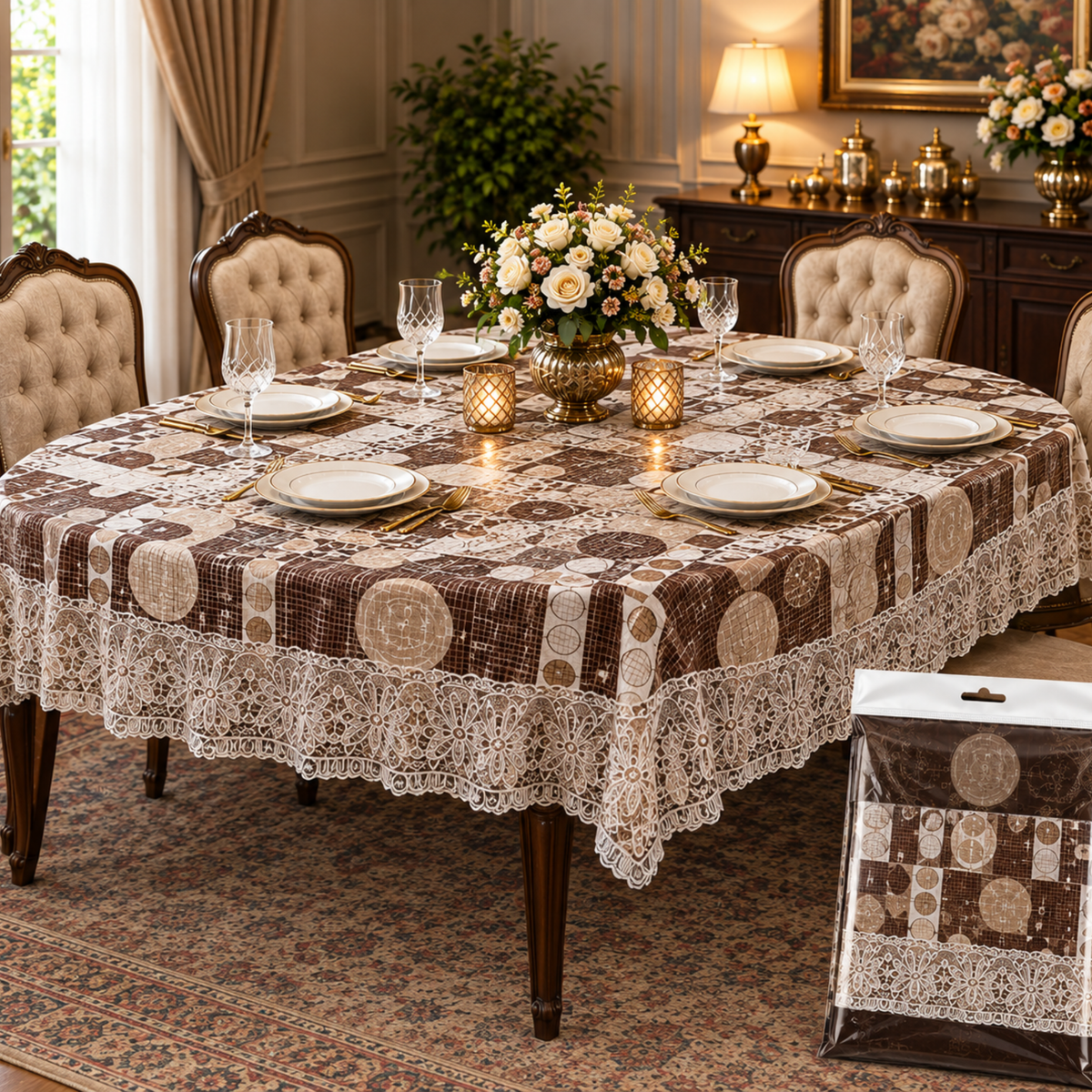 Premium Fancy Oval Shape Lace Border Dining Table Cloth (60×90)