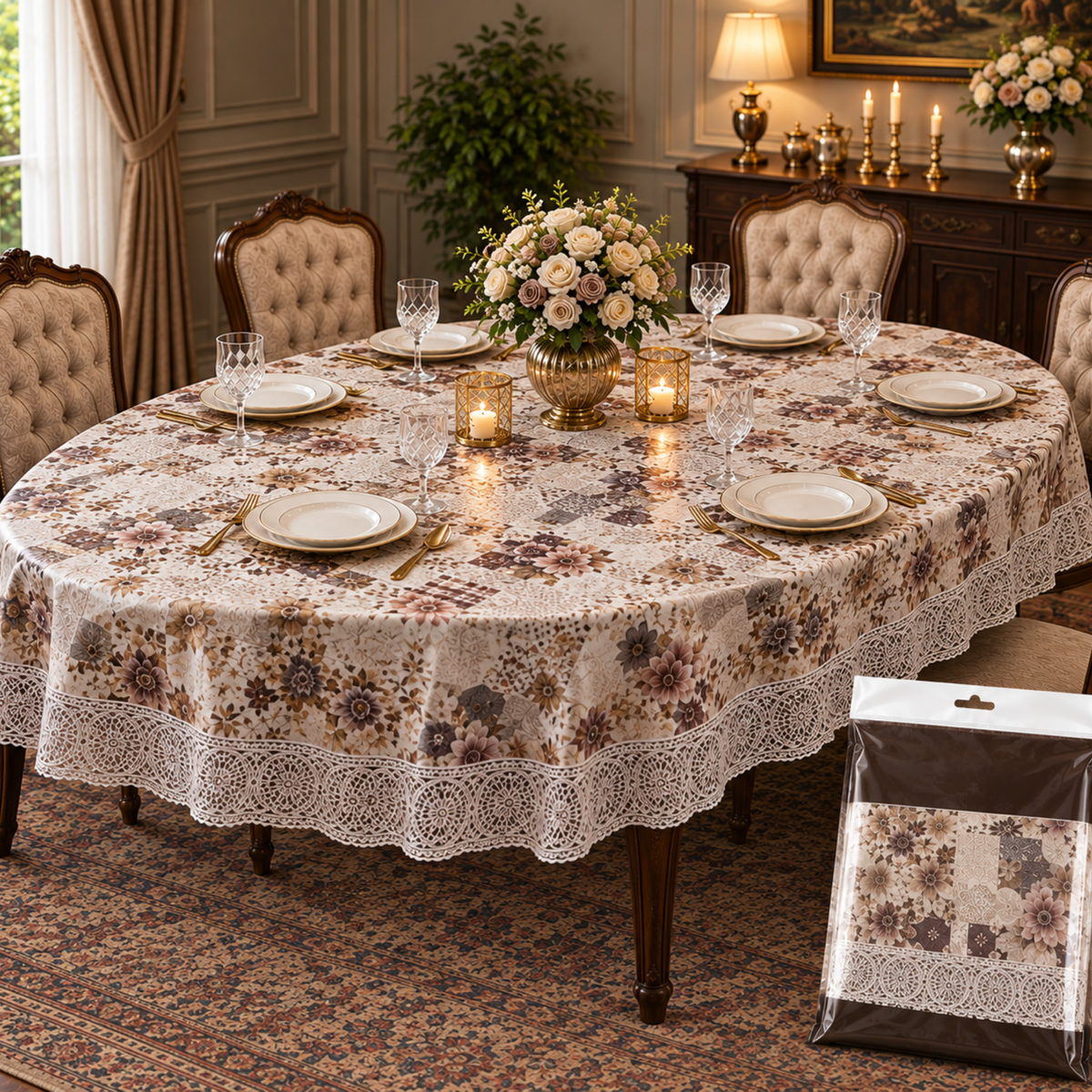 Premium Fancy Oval Shape Lace Border Dining Table Cloth (60×90)