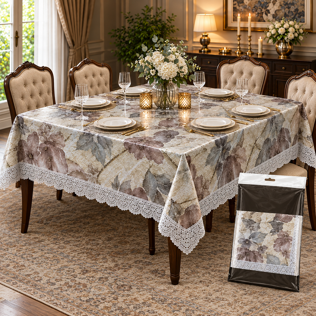 Premium Fancy Rectangle Shape Lace Border Dining Table Cloth (60×90)