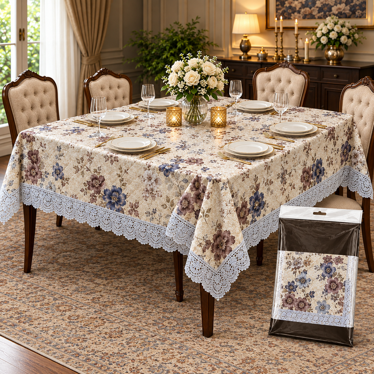 Premium Fancy Rectangle Shape Lace Border Dining Table Cloth (60×90)